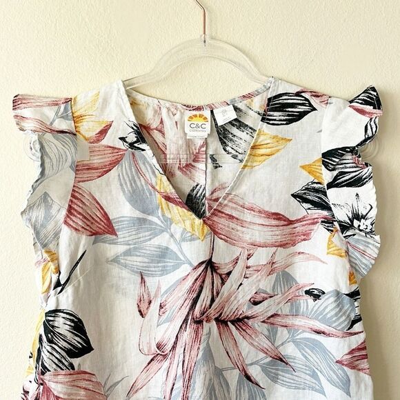 C & C California 100% Linen V Neck Floral Leaf Print Shift Dress - Picture 2 of 6